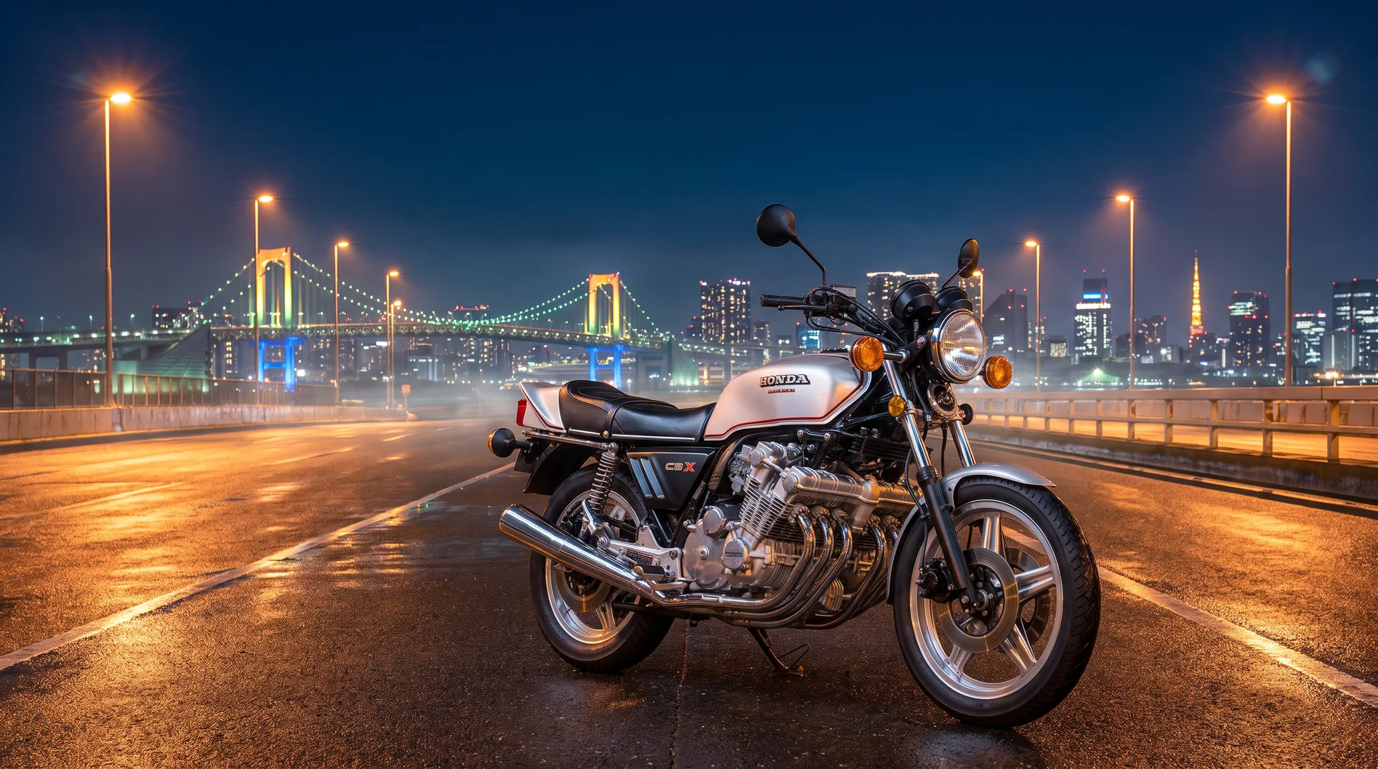 CBX1000 on the Wangan, Rainbow Bridge behind