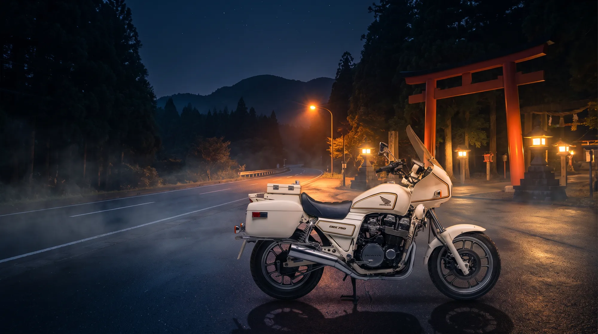 Night pass, lantern-lit torii